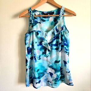 White House Black Market Ruffled XS Blue, Teal, White V-neck Shell Top